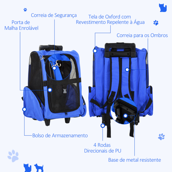 PawHut Transportadora 2 em 1 para Animais de Estimação Mochila ou Carrinho de Viagem para Cães e Gatos com 2 Rodas Alça Retrátil de Alumínio e Bolso de Armazenamento 42x25x55cm Azul - Image 6