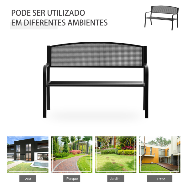 Outsunny Banco de Jardim de 2 Lugares Banco de Exterior com Encosto de Malha de Aço para Pátio Varanda 127x60x87 cm Preto - Image 6
