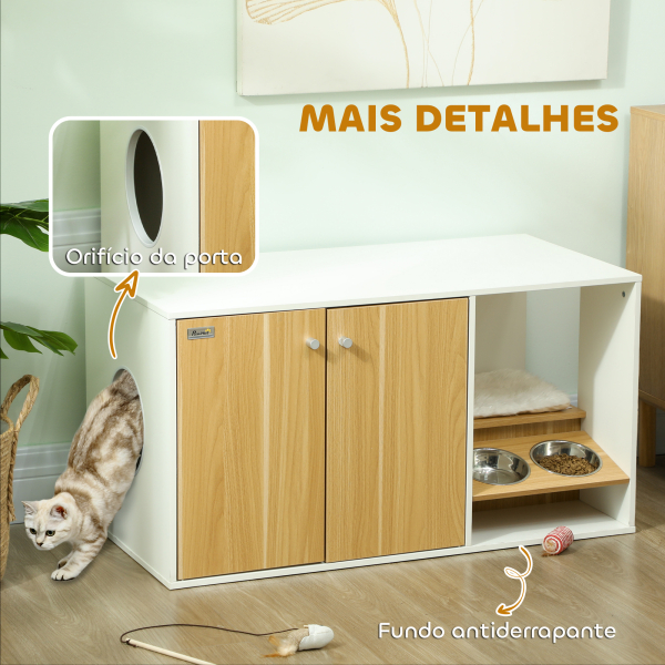 PawHut Móvel Caixa de Areia para Gatos 3 em 1 Mesa Auxiliar Caixa de Areia para Gatos com Tapete para Arranhar 95x48x50,5 cm Branco e Carvalho - Image 7