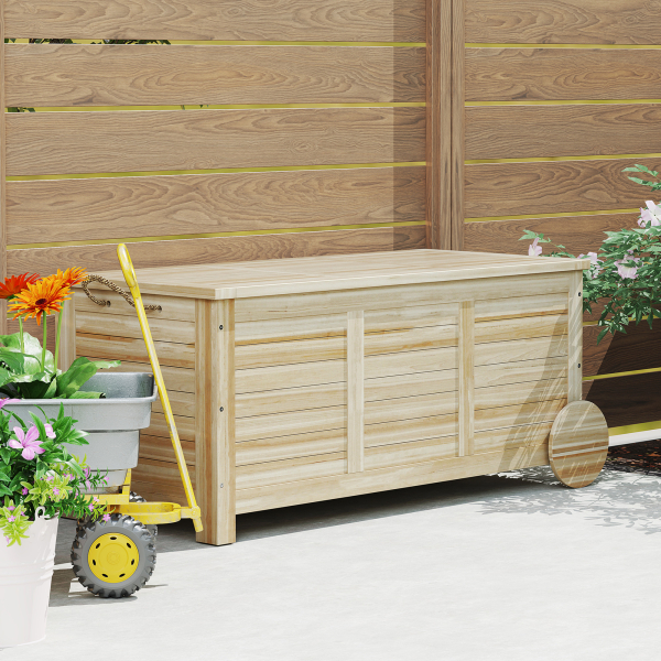 Outsunny Baú de Arrumação Exterior 185L Baú de Jardim de Madeira Impermeável com Tampa Amovível 2 Rodas 110x50x50 cm Madeira - Image 8
