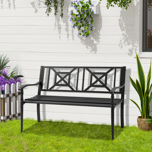 Outsunny Banco de Jardim de 2 Lugares Banco de Exterior de Aço com Apoio para os Braços e Encosto Decorativo para Terraço Varanda Pátio Carga 280kg 128x62,5x81,5cm Preto - Image 2