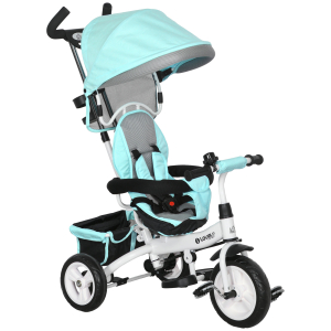 HOMCOM Triciclo Evolutivo para Bebés de +12 Meses 2 em 1 com Toldo Dobrável Guiador Cinto de Segurança e Cesto 95x50x106 cm Verde Mint