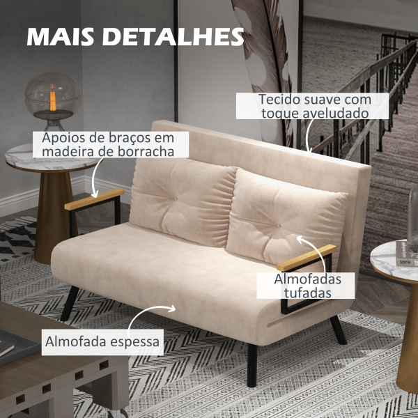 HOMCOM Sofá Cama Sofá Convertível em Cama de 2 Lugares Dobrável com Encosto Ajustável em 5 Níveis e 2 Almofadas 102x73x81 cm Bege - Image 6