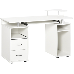 HOMCOM Mesa de Computador com Prateleiras 2 Gavetas Bandeja de Teclado e Suporte para Monitor e CPU 120x55x85 cm Branco