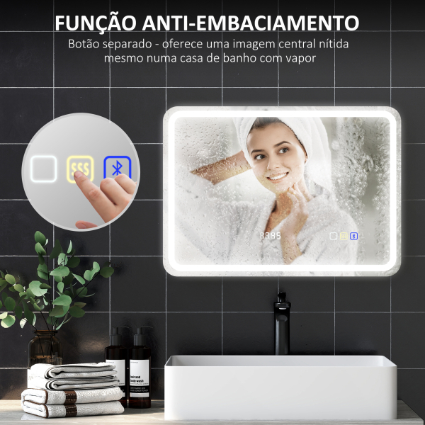 HOMCOM Espelho de Casa de Banho com Luz LED 70x50 cm Bluetooth 3 Cores de Luz Relógio Digital Função Antiembaciamento Memória Prata - Image 7