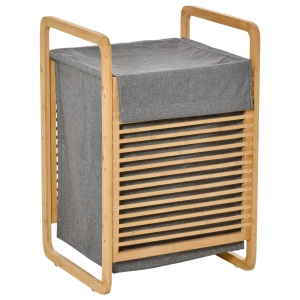 HOMCOM Cesto de Roupa de Bambú Portátil com Tampa e Bolsa Removível Móvel de Casa de Banho 40x35,5x60,5cm Cor Natural e Cinza