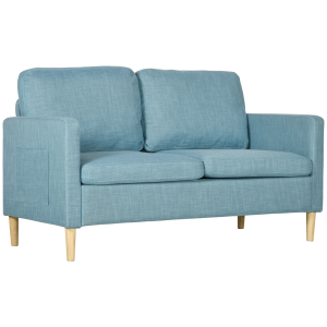 HOMCOM Sofá de 2 Lugares Estofado em Poliéster com 2 Bolsos Laterais Apoio para os Braços e Pés de Madeira 143x76x83 cm Azul