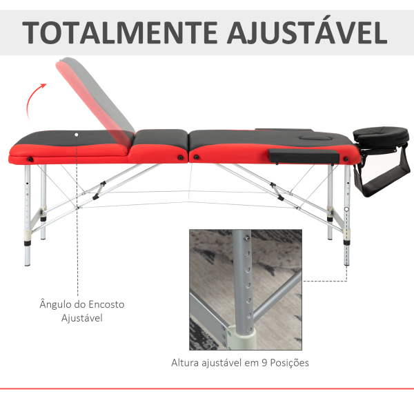 HOMCOM Marquesa de Massagem Dobrável e Portátil com Altura Ajustável Apoio para a Cabeça e Apoio para os Braços 215x60x61-84 cm Preto e Vermelho - Image 7