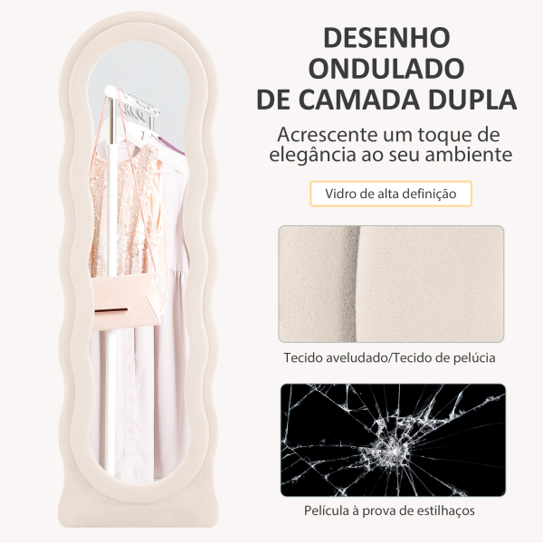 HOMCOM Espelho de Pé 50x160 cm Espelho de Corpo Inteiro ou de Parede com Desenho Assimétrico e Estrutura de Veludo Creme - Image 5
