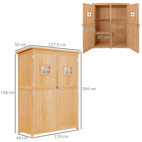 Outsunny Abrigo de Jardim para Ferramentas Armário de Madeira para Exterior com Prateleira Dupla Porta Janelas e Teto Asfáltico 127,5x50x164cm Madeira - Image 3