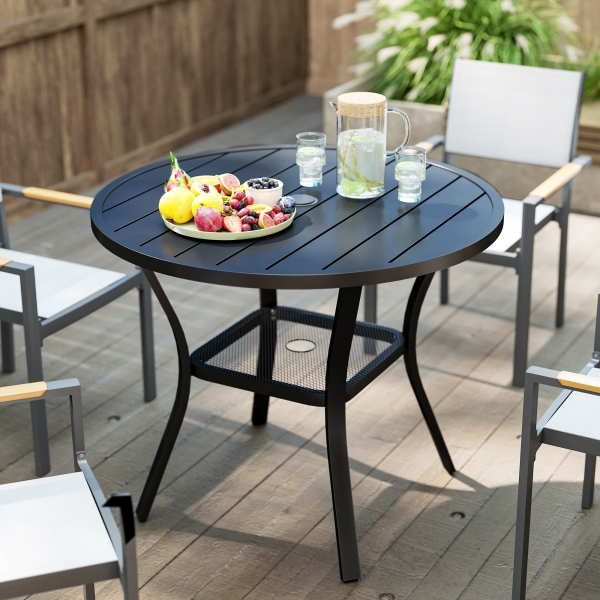 Outsunny Mesa de Jardim com Orifício para Chapéu de Sol Mesa de Refeição Exterior Redonda com Bancada de Metal Ø90x73 cm Preto - Image 9