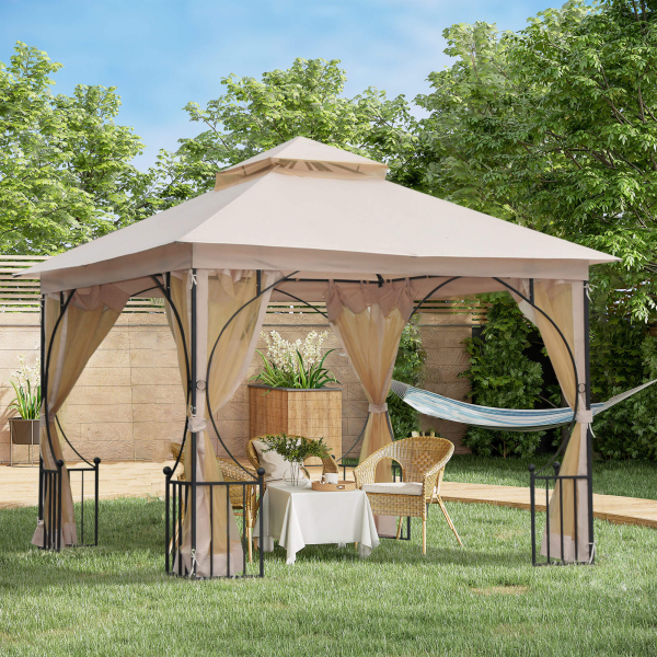 Outsunny Pérgola de jardim 295x295x275cm com 4 cortinas laterais com zíper e telhado duplo com 8 furos de drenagem bege - Image 2