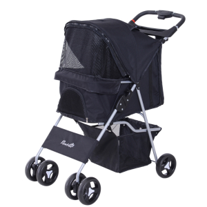 PawHut Carrinho para Animais de Estimação Dobrável para Cães com Capô Ajustável Cesta de Armazenamento e Rodas com Freio Tecido Oxford Estrutura de Aço 74x46x94cm Preto