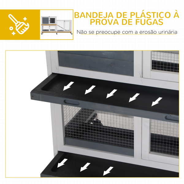 PawHut Coelheira de Madeira com Rodas 147x45,5x88,5cm Gaiola para Coelhos de 2 Níveis com Teto Abatível 2 Cercados de Metal 3 Bandejas Removíveis 3 Portas com Trava e Rampa Cinza - Image 6