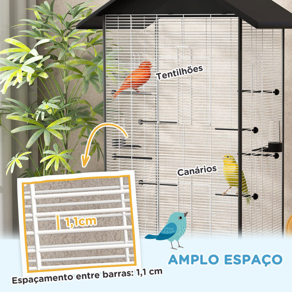 PawHut Gaiola para Pássaros Metálica com com Rodas Bandeja Amovível 4 Portas 2 Comedouros e 8 Poleiros 79x65x155 cm Preto - Image 4