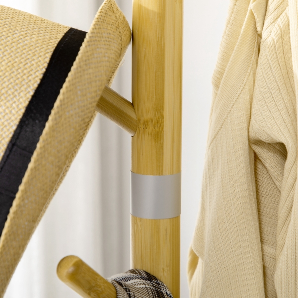 HOMCOM Cabide de Pé de Bambu Moderno com 8 Ganchos para Roupas Bolsas  Ø37,8x175,6 cm Madeira e Cinza - Image 9