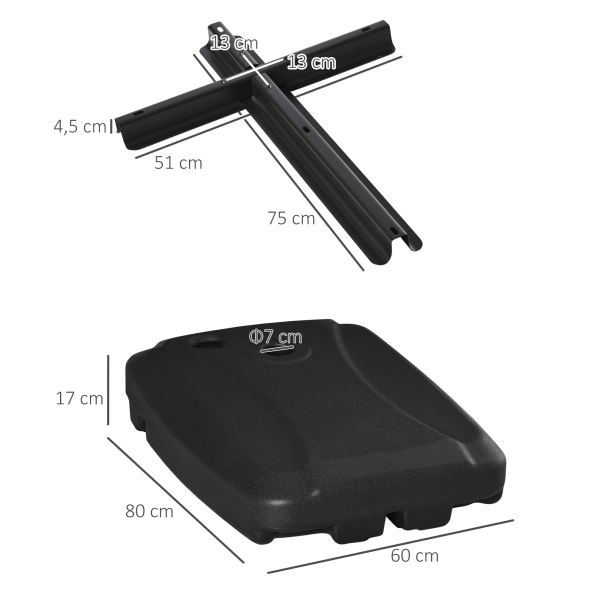 Outsunny Base de Chapéu de Sol com 2 Rodas Preenchível com Água 60kg Areia 68kg Misto 75kg Suporte de Chapéu de Sol para Jardim Pátio Terraço 80x60x15cm Preto - Image 3