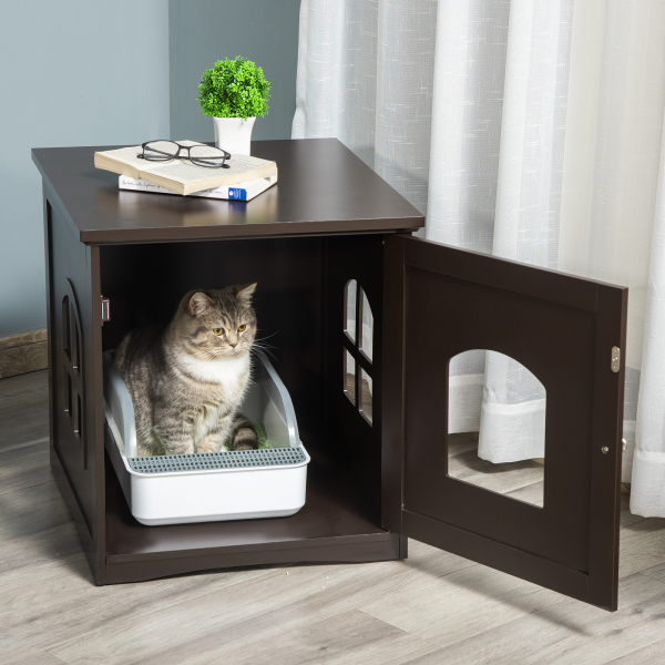 PawHut Casa para Gatos de Madeira Móvel para Caixa de Areia para Gatos 2 em 1 com Armário de Armazenamento Bancada Ampla Porta e 3 Janelas Cruzadas 48,7x53,3x53 cm Marrom - Image 2