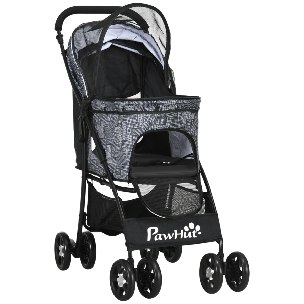 PawHut Carrinho para Cães Dobrável para Cães Pequenos com Cesta de Armazenamento Capota Ajustável Janela de Malha 81x48x99 cm Cinza - Image 6