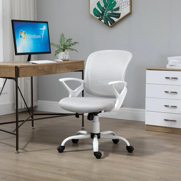 Vinsetto Cadeira de Oficina Ergonômica Basculante com Altura Ajustável Assento Giratório 360° Suporte Lombar e Malha Transpirável 61x61x89-99cm Cinza e Branco - Image 2