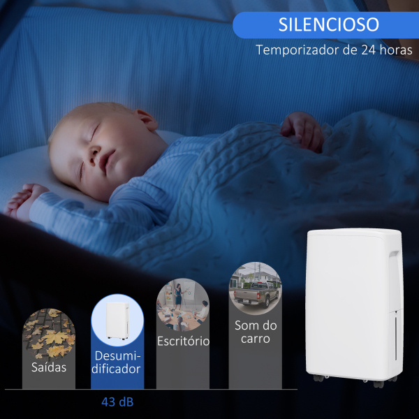 HOMCOM Desumidificador Elétrico 12L/Dia com 4 Modos 2 Velocidades Desligamento Automático Ecrã LED Temporizador 29x18x49 cm Branco - Image 6
