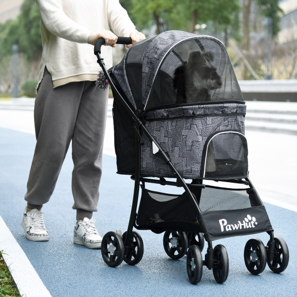 PawHut Carrinho para Cães Dobrável para Cães Pequenos com Cesta de Armazenamento Capota Ajustável Janela de Malha 81x48x99 cm Cinza - Image 2