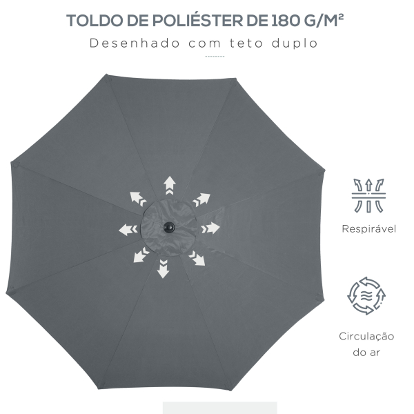 Outsunny Chapéu de Sol a Manivela com Teto Inclinável e 8 Hastes de Metal para Pátio Varanda Exterior Ø300x240 cm Cinza - Image 6