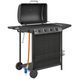 Outsunny Barbecue a Gás com 4+1 Queimadores 12 kW Termómetro Mesa Lateral Grelha Recolhedor de Gordura 2 Rodas  121x54x97 cm Preto