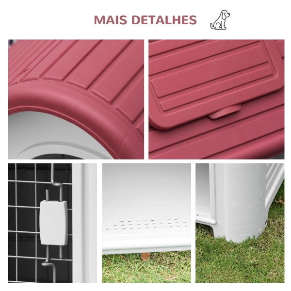 PawHut Casota para Cães com Porta Removível Base Elevada 3 Respiradouros e Janela Casota de Cães para Interior e Exterior 59x75x66cm Cinza e Vermelho - Image 6