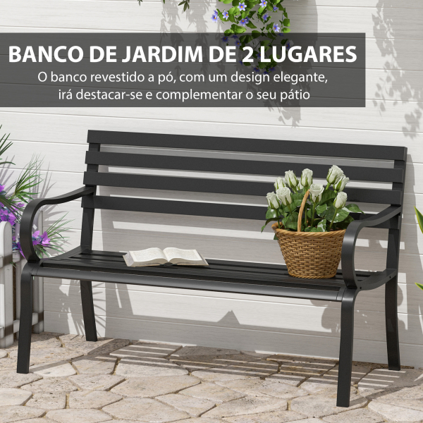 Outsunny Banco de Jardim em Metal Banco de Exterior de 2 Lugares com Apoios de Braços Capacidade 240 kg 127x58x82 cm Preto - Image 4