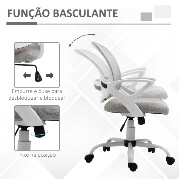 Vinsetto Cadeira de Oficina Ergonômica Basculante com Altura Ajustável Assento Giratório 360° Suporte Lombar e Malha Transpirável 61x61x89-99cm Cinza e Branco - Image 5