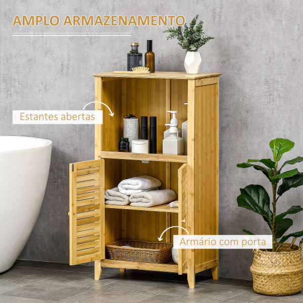 HOMCOM Armário Auxiliar Casa de Banho de Bambu com 2 Portas Compartimento Aberto e Prateleira Ajustável 50x25,5x92 cm Madeira - Image 5