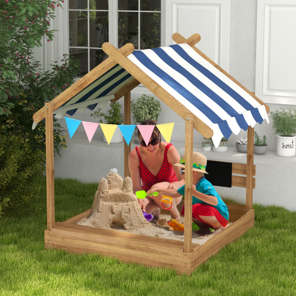 Outsunny Caixa de Areia para Crianças de Madeira com Toldo Torneira e Ardósia para Pátio Jardim 124x116x146 cm Castanho - Image 2