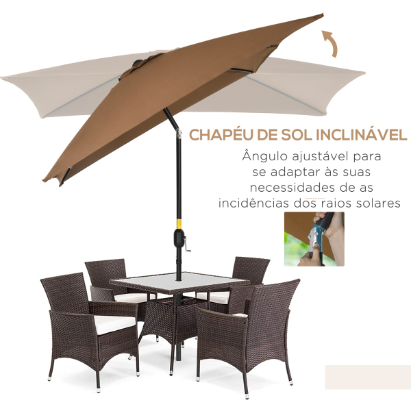 Outsunny Chapéu de Sol de Alumínio Retangular com Toldo Inclinável a Manivela e Mastro Desmontável  202x293x255 cm Marrom - Image 4
