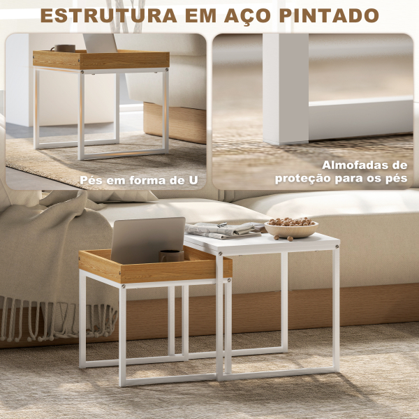 HOMCOM Mesas Auxiliares para Sala de Estar Conjunto de 2 Mesas Mesas de Centro Pequenas Branco e Carvalho - Image 5