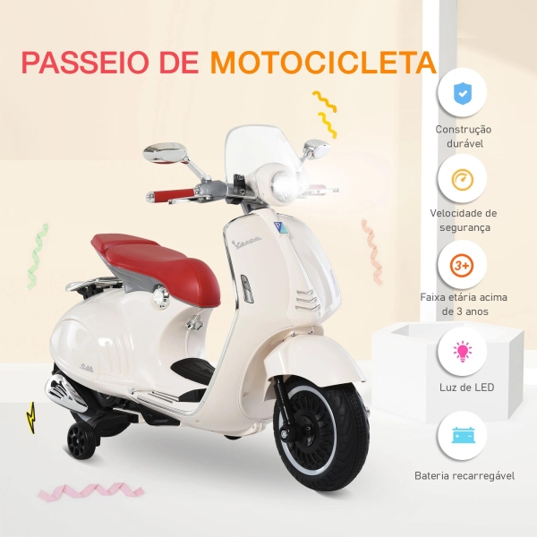 HOMCOM Mota Elétrica Vespa com Faróis Música 2 Rodas Auxiliares para Crianças acima de 3 Anos 108x49x75 cm Branco - Image 9