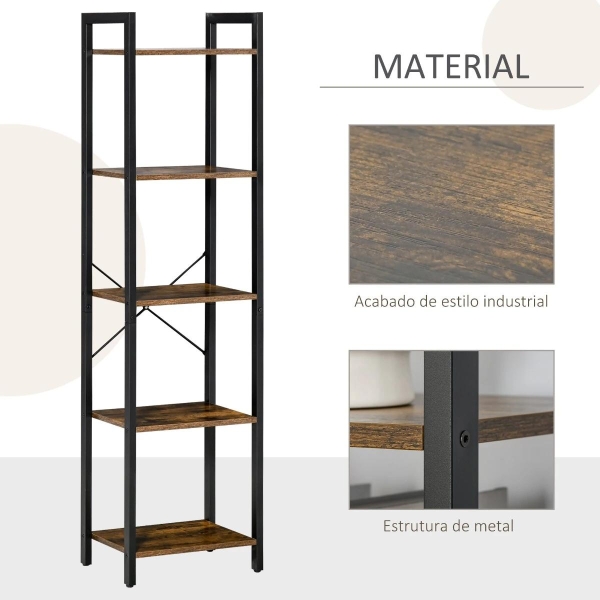 HOMCOM Estante de Estilo Industrial de 5 Níveis Estante para Livros de Armazenamento com Estrutura de Aço para Sala de Estar Escritório Cozinha Dormitório 40x30x154cm Marrom Rústico - Image 6
