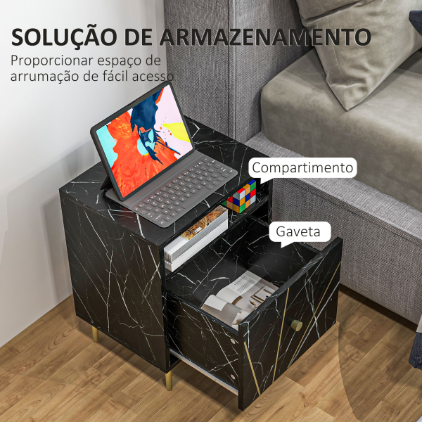 HOMCOM Mesinha de Cabeceira com Efeito Mármore Compartimento Aberto e Gaveta Mesa de Cabeceira para Quarto 39x30x50 cm Preto - Image 5