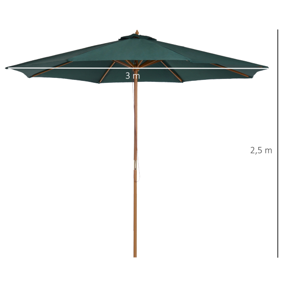 Outsunny Chapéu de Sol Ø300x250cm Chapéu de Sol com Mastro de Madeira com 8 Hastes Sistema de Polia com Fixação Verde - Image 3