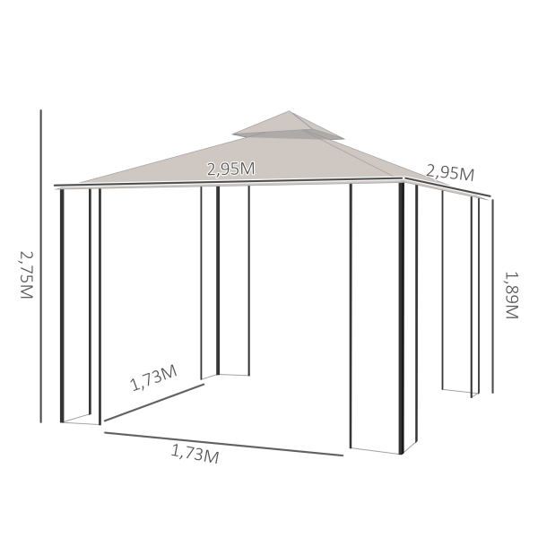 Outsunny Pérgola de jardim 295x295x275cm com 4 cortinas laterais com zíper e telhado duplo com 8 furos de drenagem bege - Image 3