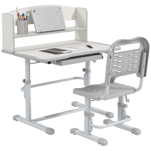 ZONEKIZ Conjunto de Secretária e Cadeira para Crianças com Altura Ajustável e Ângulo da Mesa Ajustável 80x54,5x82-104 cm Cinza e Branco