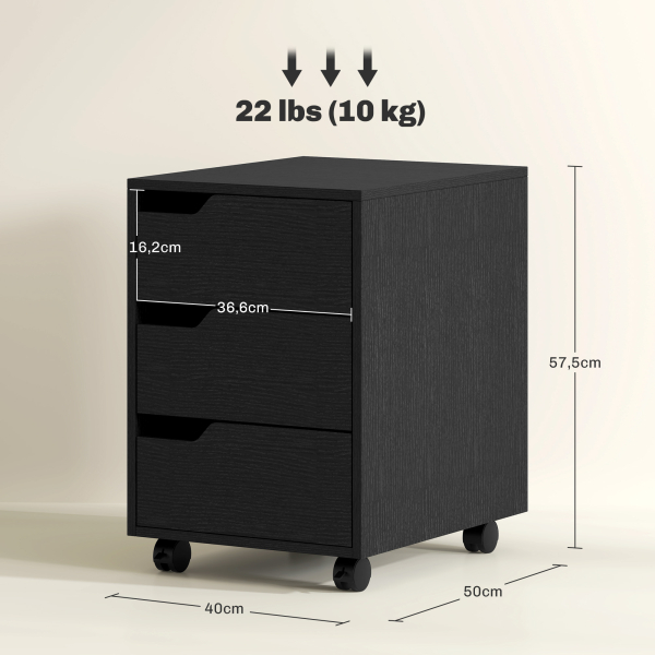 HOMCOM Bloco de Gavetas para Escritório Móvel de Escritório Bloco de Gavetas com 3 Gavetas e 4 Rodas 40x50x57,5 cm Preto - Image 3
