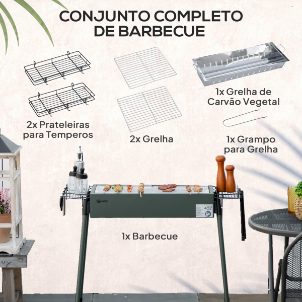 Outsunny Barbecue a Carvão com 2 Grelhas de Aço Inoxidável Portátil com 2 Prateleiras para Temperos com Ganchos 77x30x70 cm Verde - Image 4