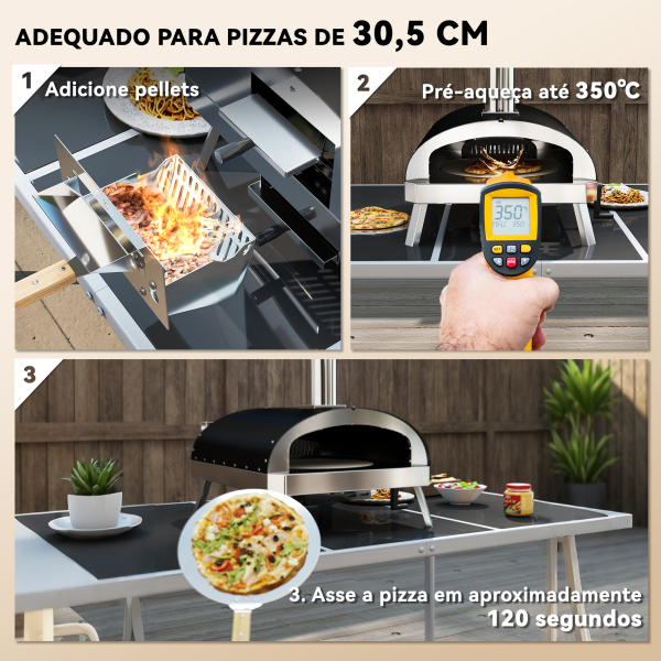 Outsunny Mini Forno de Pizza Exterior Portátil Forno a Lenha com Pedra Refratária Ø33 cm Termómetro e Bandeja Giratória 84x47x82 cm Prata - Image 4