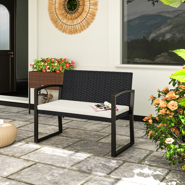 Outsunny Banco de Jardim em Vime Sintético de 2 Lugares Banco de Exterior com Almofada 103x58x78 cm Preto e Bege - Image 2