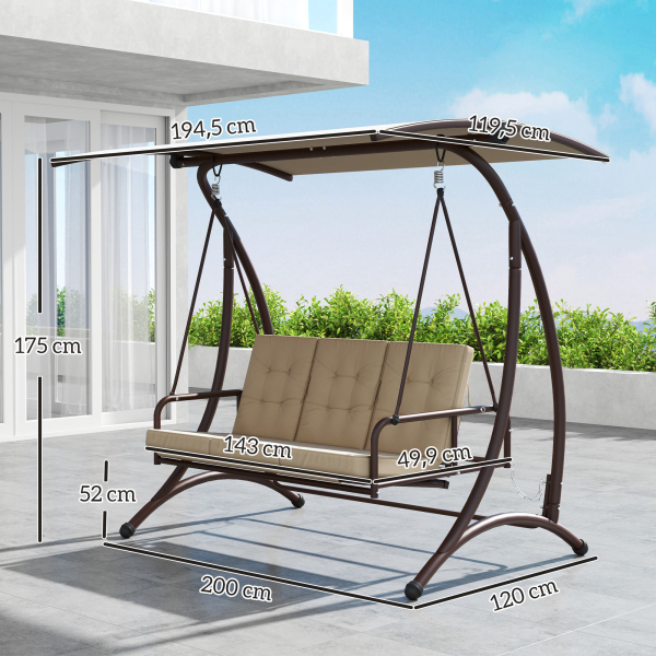 Outsunny Baloiço de Jardim Exterior de 3 Lugares Convertível em Cama com Toldo Ajustável Proteção UPF30+ 200x120x175 cm Caqui - Image 3