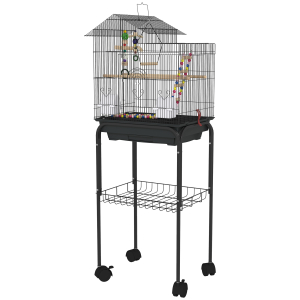 PawHut Gaiola para Passáros Gaiola de Metal com Portas 4 Comedouros 3 Poleiros Baloiço Escadas e Bandeja Removível 46x36x120 cm Preto
