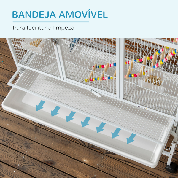PawHut Gaiola para Pássaros com Rodas de 3 Níveis com 3 Poleiros Comedouros Brinquedos Rampas e Prateleira 83x53x180 cm Branco - Image 6