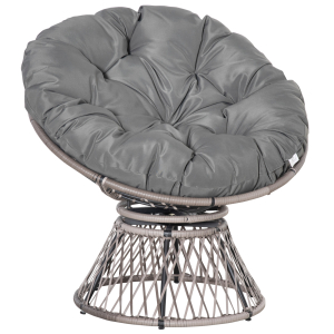 Outsunny Poltrona Papasan Giratória de Vime Sintético com Almofada e Estrutura de Aço para Jardim Pátio 87x97x90 cm Cinza