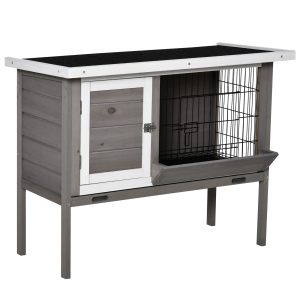 PawHut Coelheira de Madeira Exterior Gaiola Elevada para Coelhos Cobaias Animais Pequenos com Teto Asfáltico Abatível Comedouro Bandejas Removíveis e 2 Portas 91x46x71cm Cinza